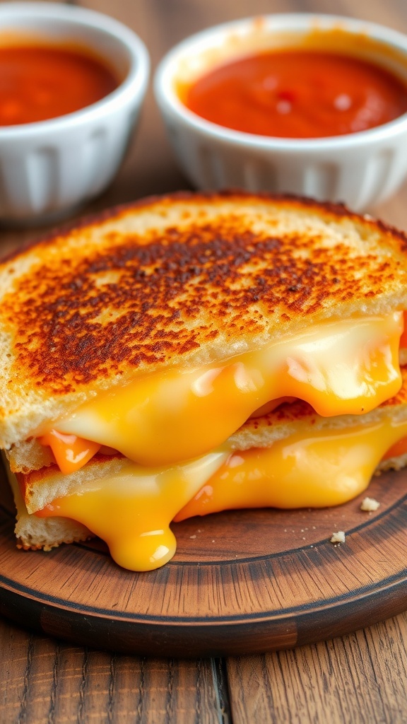 A crispy three-cheese grilled cheese sandwich with melted cheese, served with a bowl of tomato soup.